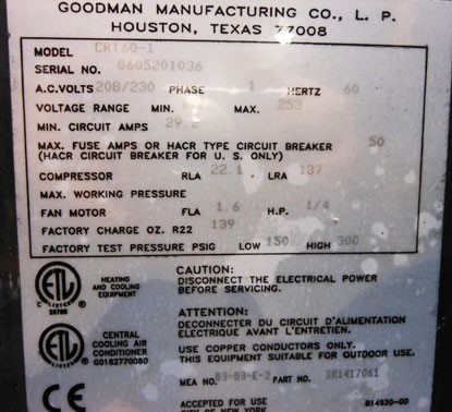 Goodman Air Conditioner Serial Number